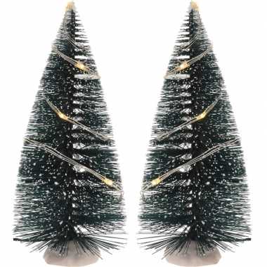 Kerstdorp onderdelen 2x kerstbomen 15 cm met led verlichting