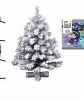 Kunst kerstboom met sneeuw 90 cm inclusief gekleurde kerstverlichting